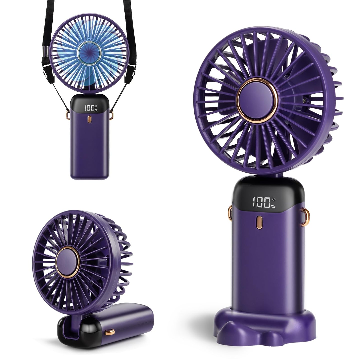 Aucoofany Portable Handheld Fan, 12 hours, Upgrade 3200mAh Portable Fan with LED Display, 90° Foldable, 5 Speed Wind,Hand Held/Neck/Desk 3 in 1 Personal Small Fans, Makeup Fans for Women (Purple)