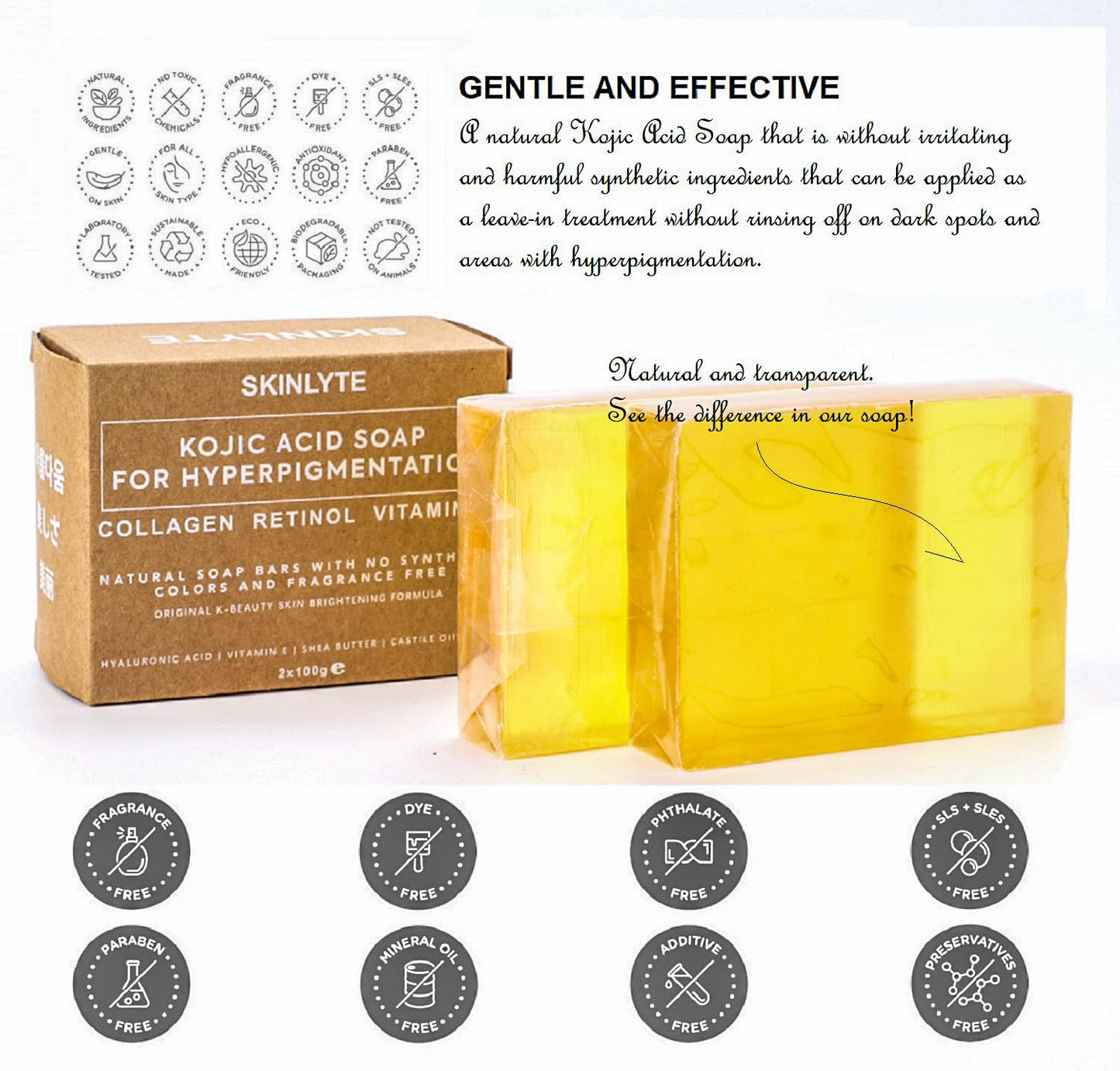 SKINLYTE Kojic Acid Soap Natural -Fragrance Free and Dye Free- Dark Spot Remover Hyperpigmentation Corrector K-Beauty Formula - Turmeric, Glycerin, Collagen, Hyaluronic Acid, Retinol (2 Pack) 7oz.