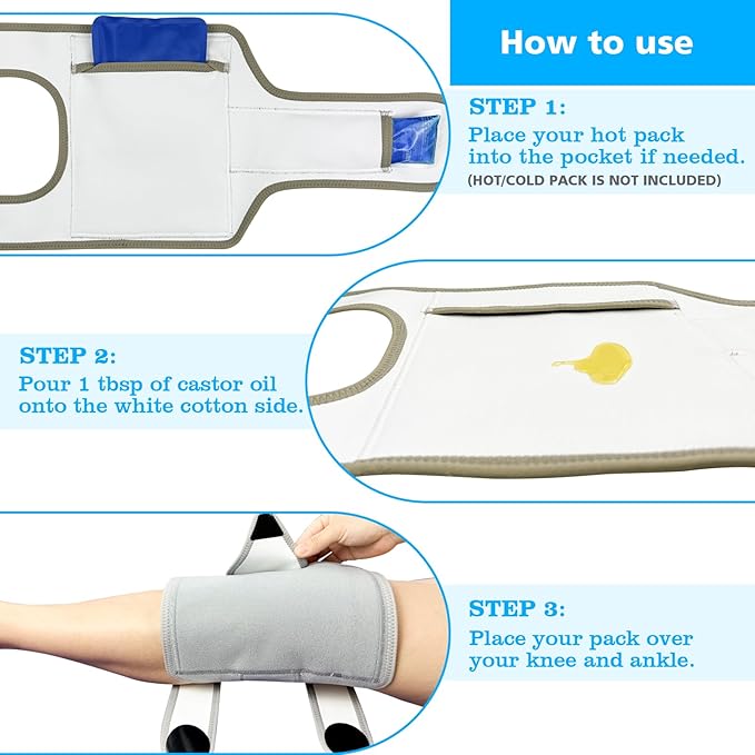 Castor Oil Pack Wrap for Knee and Ankle 2 Pc Pain Relief Wrap Organic Cotton Comfort Flannel Castor Oil Compress Wrap with Storage Bag Reusable Adjustable Strap Universal Fit (Khaki)