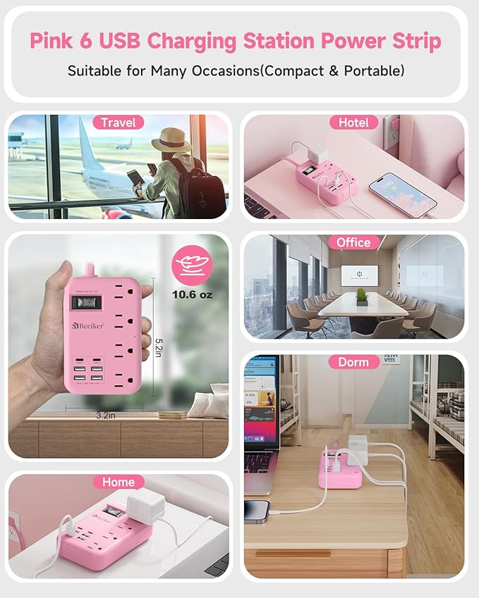 6 USB(2 USB C) Pink Extension Cord- 5Ft Travel Power Strip with 24W USB Charging Station and 4 Outlets, Pink Desk Accessories with Surge Protector for Cute Kawaii Gifts College Dorm Desk