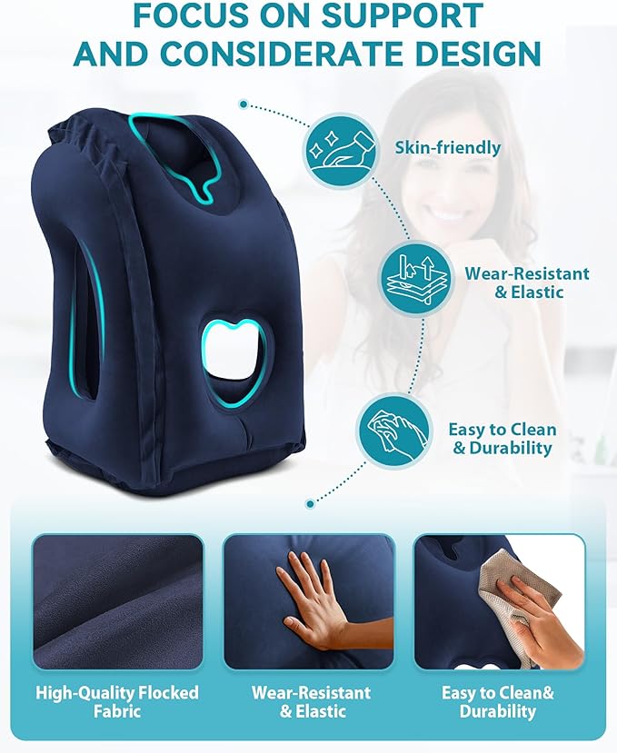 JefDiee Inflatable Travel Pillow, Airplane Neck Pillow Comfortably Supports Head and Chin for Airplanes, Trains, Cars and Office Napping with 3D Eye Mask, Earplugs and Portable Drawstring Bag (Blue)