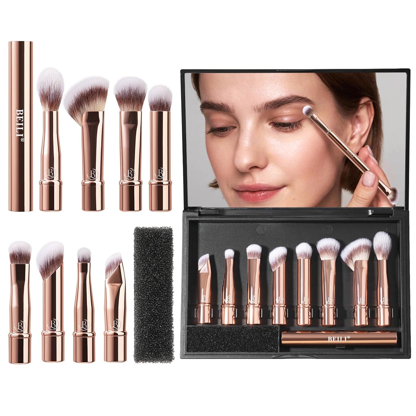 BEILI Travel Eye Makeup Brushes Set 8pcs Removable Double Sided Makeup Brush with Mirror Box & Removal Cleaner Sponge (Rose Gold)