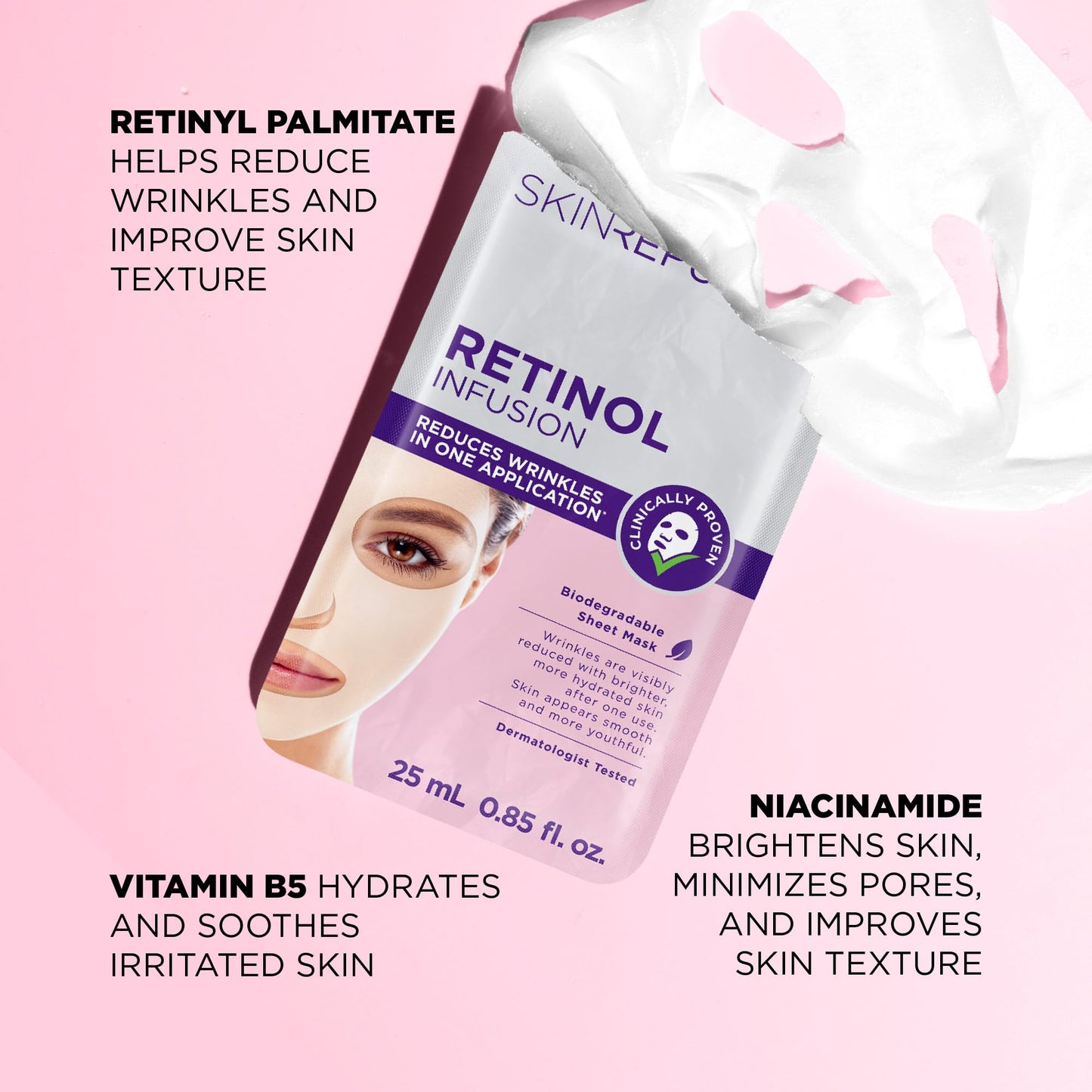 Skin Republic Retinol Infusion Sheet Mask Proven to Reduce Wrinkles After One Use. Made in Korea. 3 Pack.