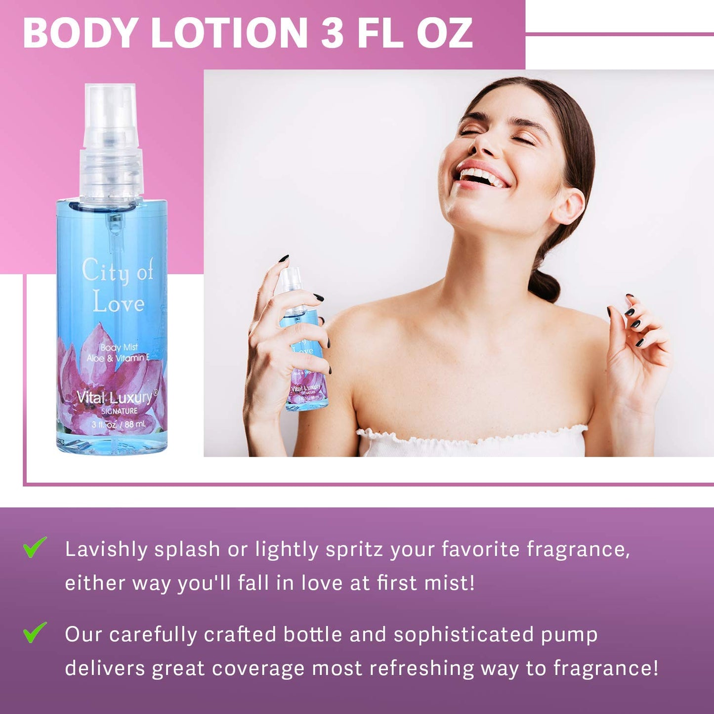 Vital Luxury Bath & Body Care Travel Set - Home Spa Set with Body Lotion, Shower Gel and Fragrance Mist, Personal Body Care Travel Set (City of Love)