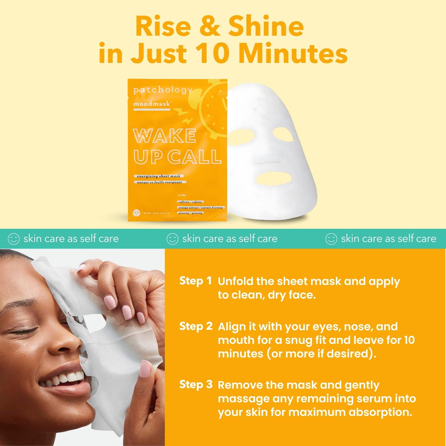 Patchology Wake Up Call Caffeine Facial Sheet Mask – Hydrating Face Mask with Caffeine, Orange Extract & Ginseng – Helps Refresh and Depuff Skin in 10 Minutes – Morning Skincare (4 Count)