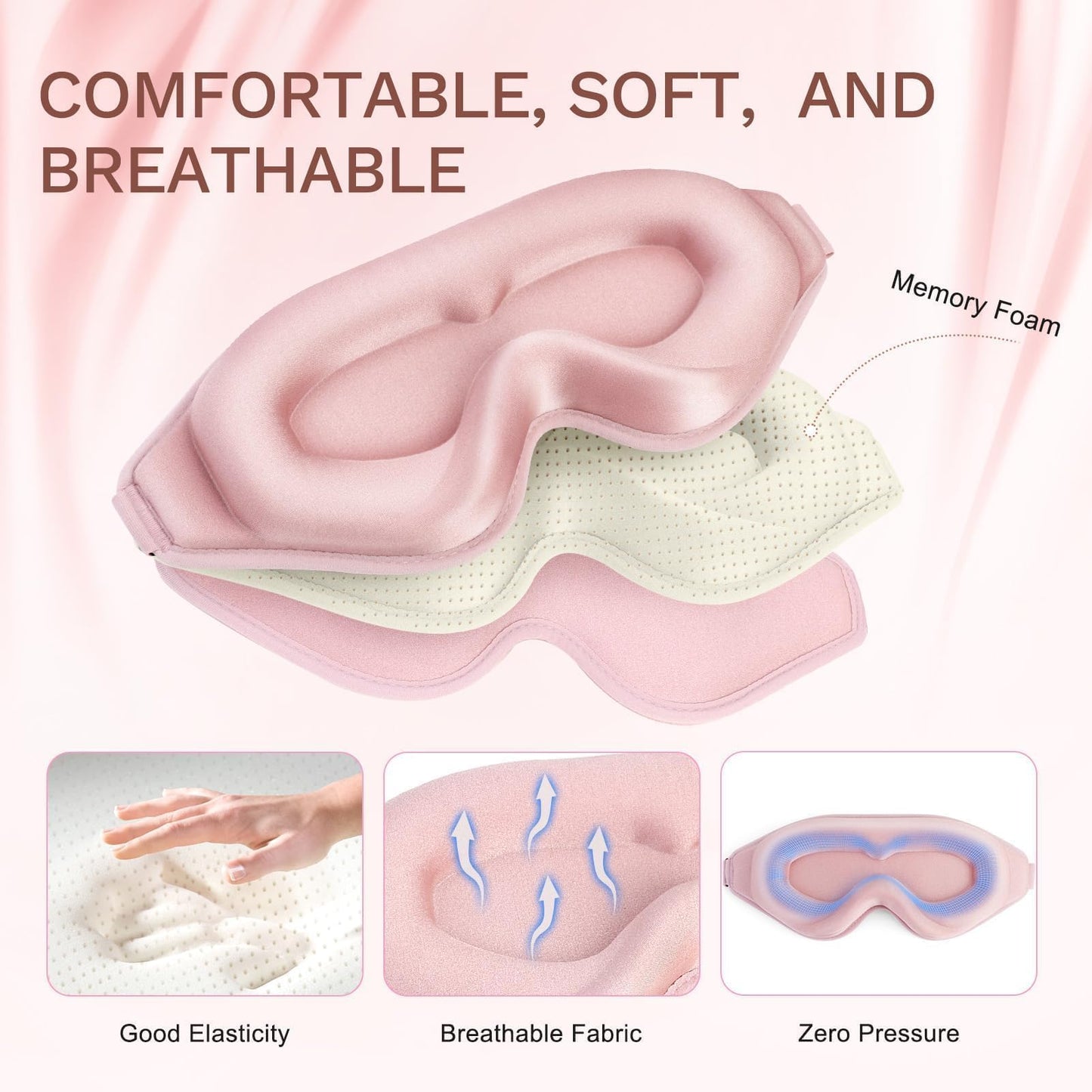 FlyCoco 99% Fully Block Out Light Eye Sleep Mask, 3D Deep Contoured Eyes Cover Zero Pressure, Long Lash Extension Eyes Mask with Adjustable Straps for Sleeping Travel Home Nap Rest Women Men (Pink)