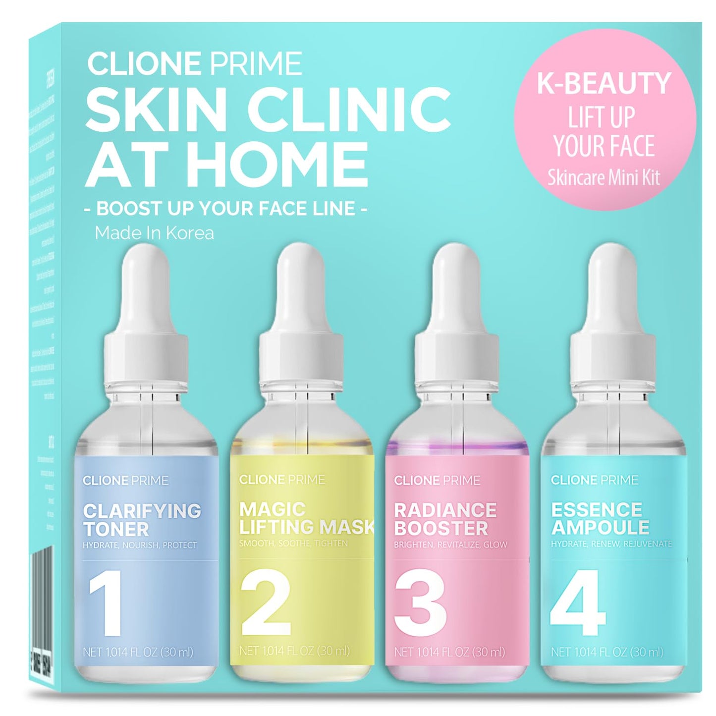 CLIONE PRIME KBeauty Skin Clinic at Home - 4 Step Night Care Kit - Anti-Aging Lifting & Firming Treatment for Wrinkles, Elasticity & Hydration - Korean Skincare Essence, Mask, Booster & Ampoule Set