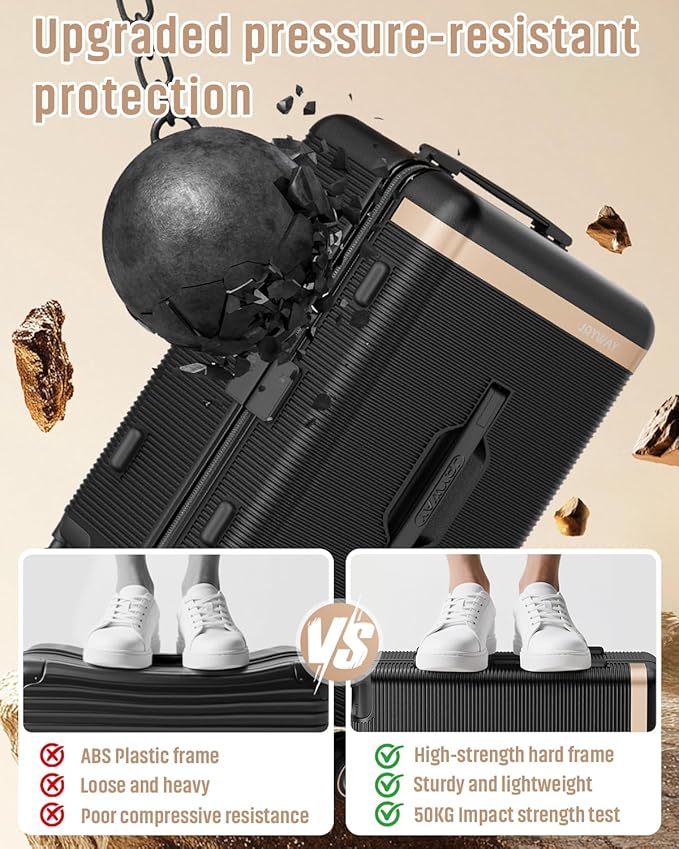 Joyway 22 Inch Carry on Luggage with Cup Holder, Hard Shell Suitcases with Shock Absorbing Spinner Wheels and Pressure-resistant Frame, Lightweight Carry-on Luggage with TSA Lock, Black