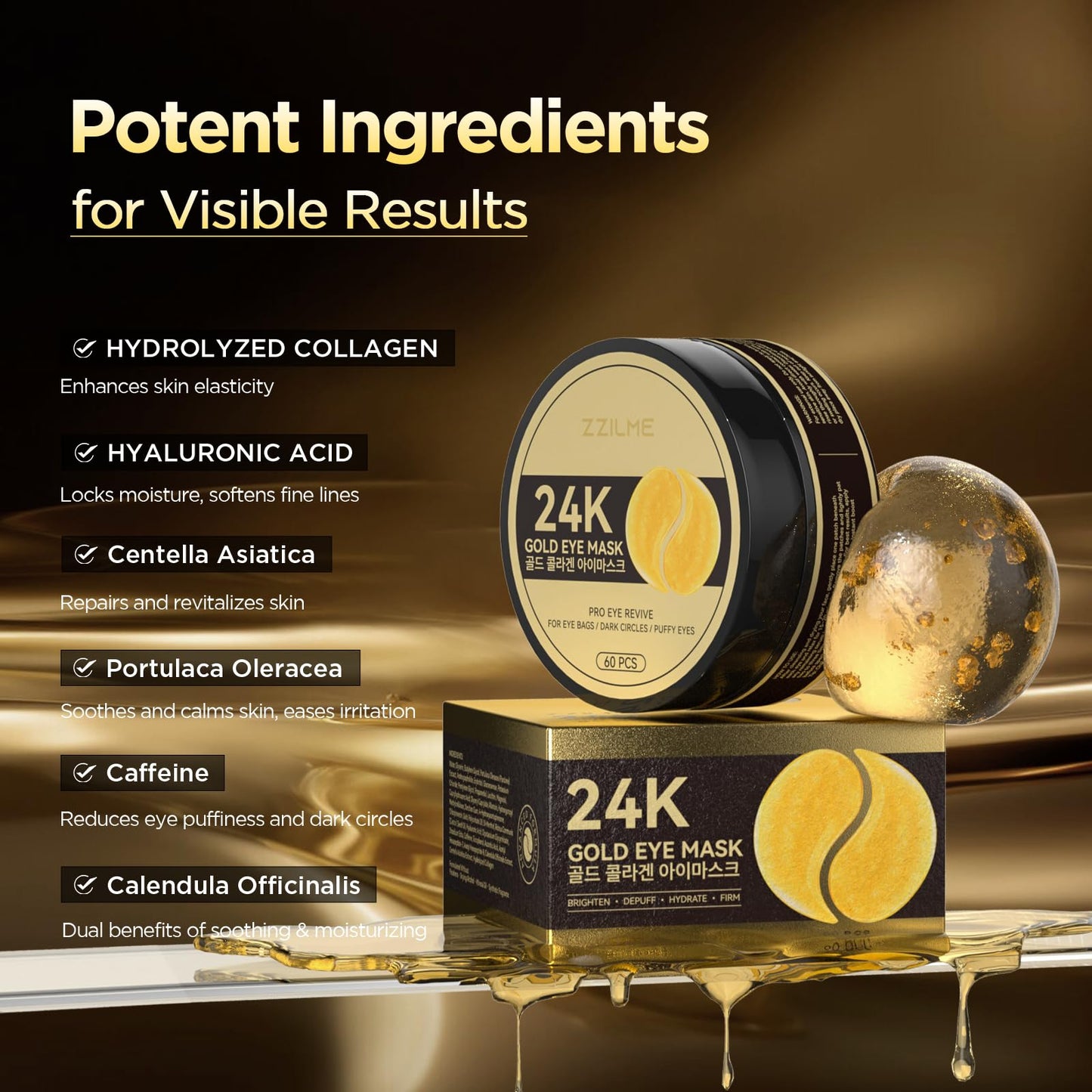 ZZILME 24k Gold Under Eye Patches - Firming, Glowing & Hydrating Hydrogel Mask for Puffy Eyes, Dark Circles, Wrinkles, Eye Bags Treatment, Gifts for Women and Men, 60Pcs Black