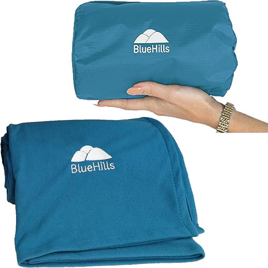 BlueHills Ultra Compact Travel Blanket in Portable Case Premium Soft Large Airplane Blanket Flight Essentials for Car Plane Train Hotel Layover Peacock Teal C004