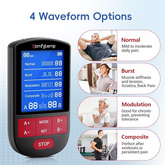 Comfytemp TENS Unit Muscle Stimulator for Back Sciatica Neck Pain Relief, 4 Therapy Waveforms Dual Channel TENS Machine — 30 Modes, Rechargeable Professional Electric Pulse Massager, 10 Electrode pads