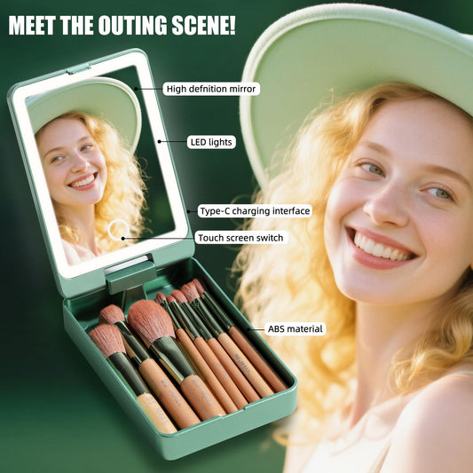 BS-MALL Travel Makeup Brush Set – 14 Pcs Foundation Powder Concealers Eye Shadows with LED Light Mirror, Green