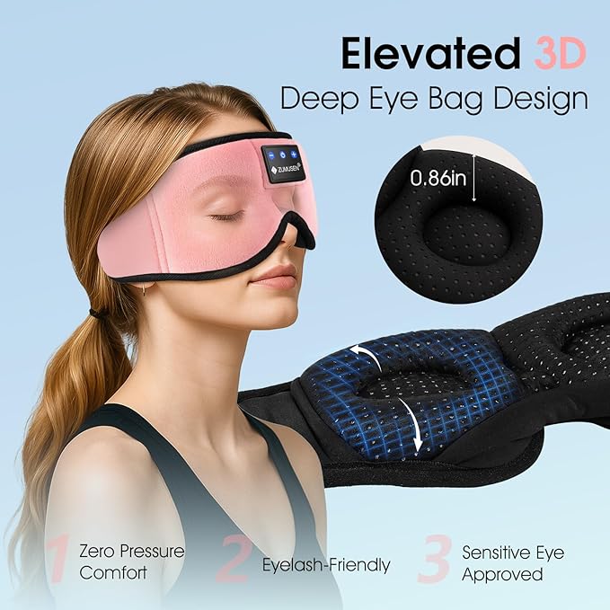 ZUMUSEN Bluetooth Sleep Headphones, 3D Wireless Music Eye Mask with Ultra-Thin Stereo Speakers, Adjustable Sleep Mask for Side Sleepers, Perfect for Travel, Meditation, Relaxation