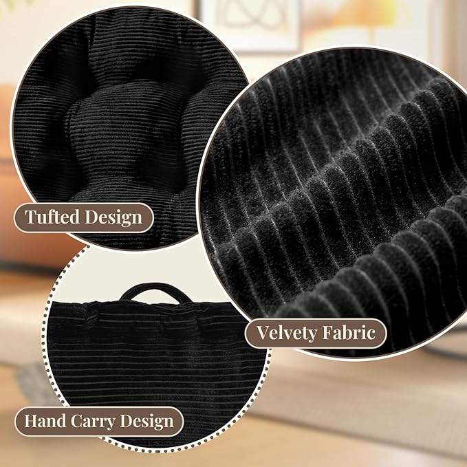 Wellsin Square Floor Pillows for Adults Kids - Meditation Floor Pillow Seating Cushion - Tufted Floor Cushion with Shredded Foam & Velvet Cover, 1 Pack, 20x20 Inch, Black