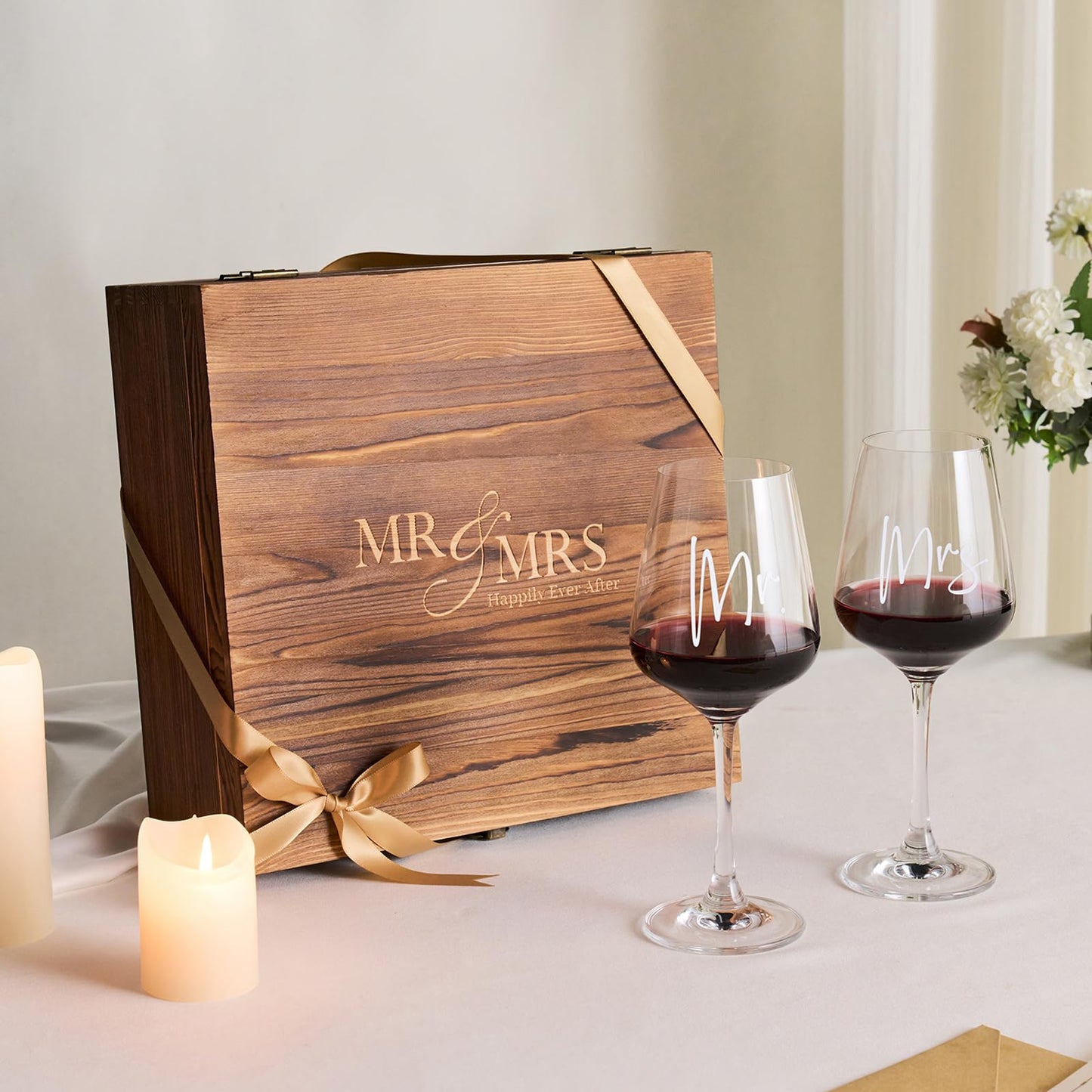 AW BRIDAL Mr Mrs Wine Glasses Set Wedding Gifts for Couples, Engagement Gift for Bride and Groom Newlyweds, Bridal Shower Gifts with Wine Opener Stopper and Engraved Wooden Keepsake Box