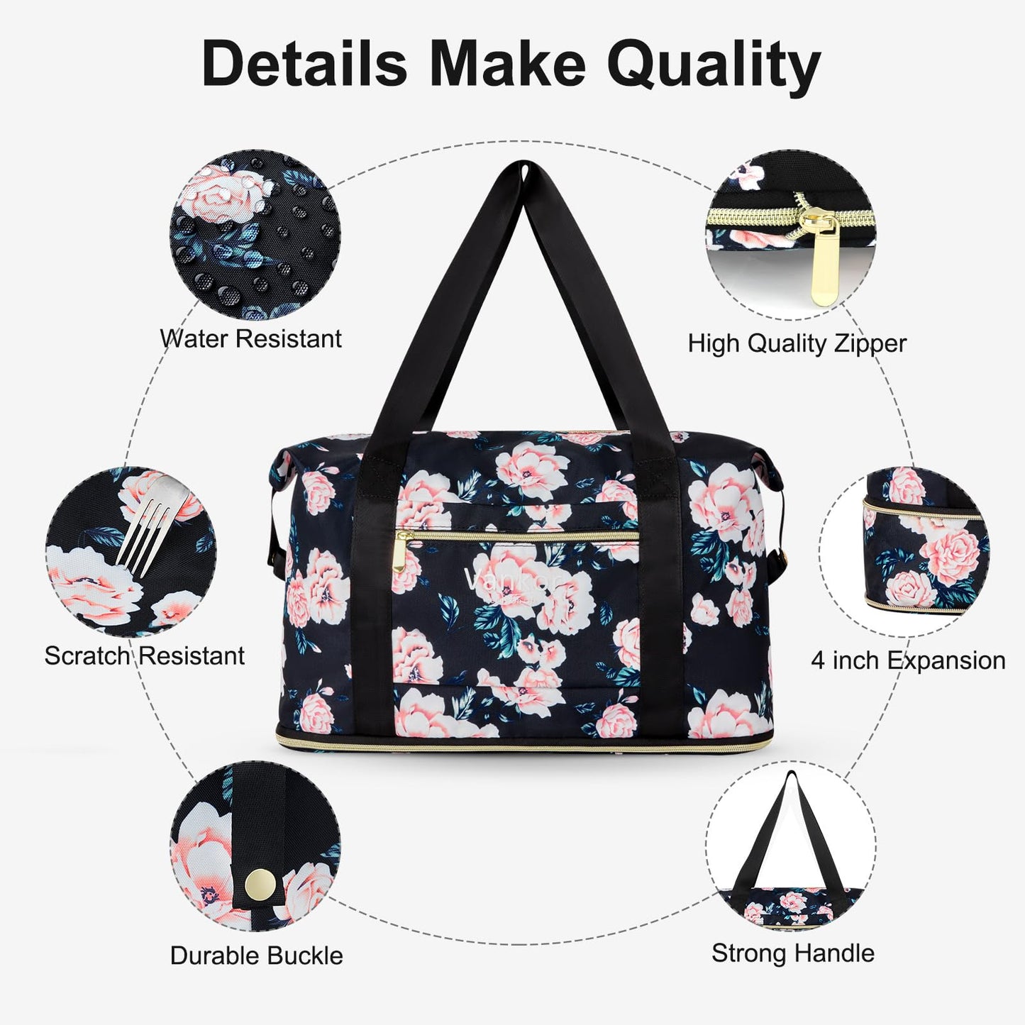 Vankor Expandable Travel Duffle Bag for Travel, Foldable Carry on Tote Bag Lightweight Weekender Overnight Hosptital Bag for Men Women Black Floral