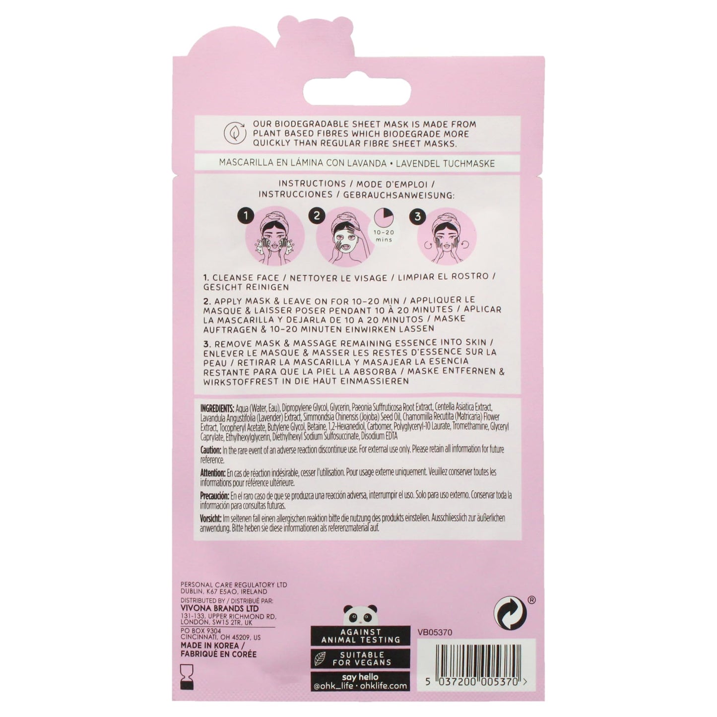 Oh K! Sheet Mask - Lavender - Moisturizing Face Mask - Hydrating Face Sheets - Infused with Lavender - Anti Aging Skin Care - Korean Skincare - 1 Pc