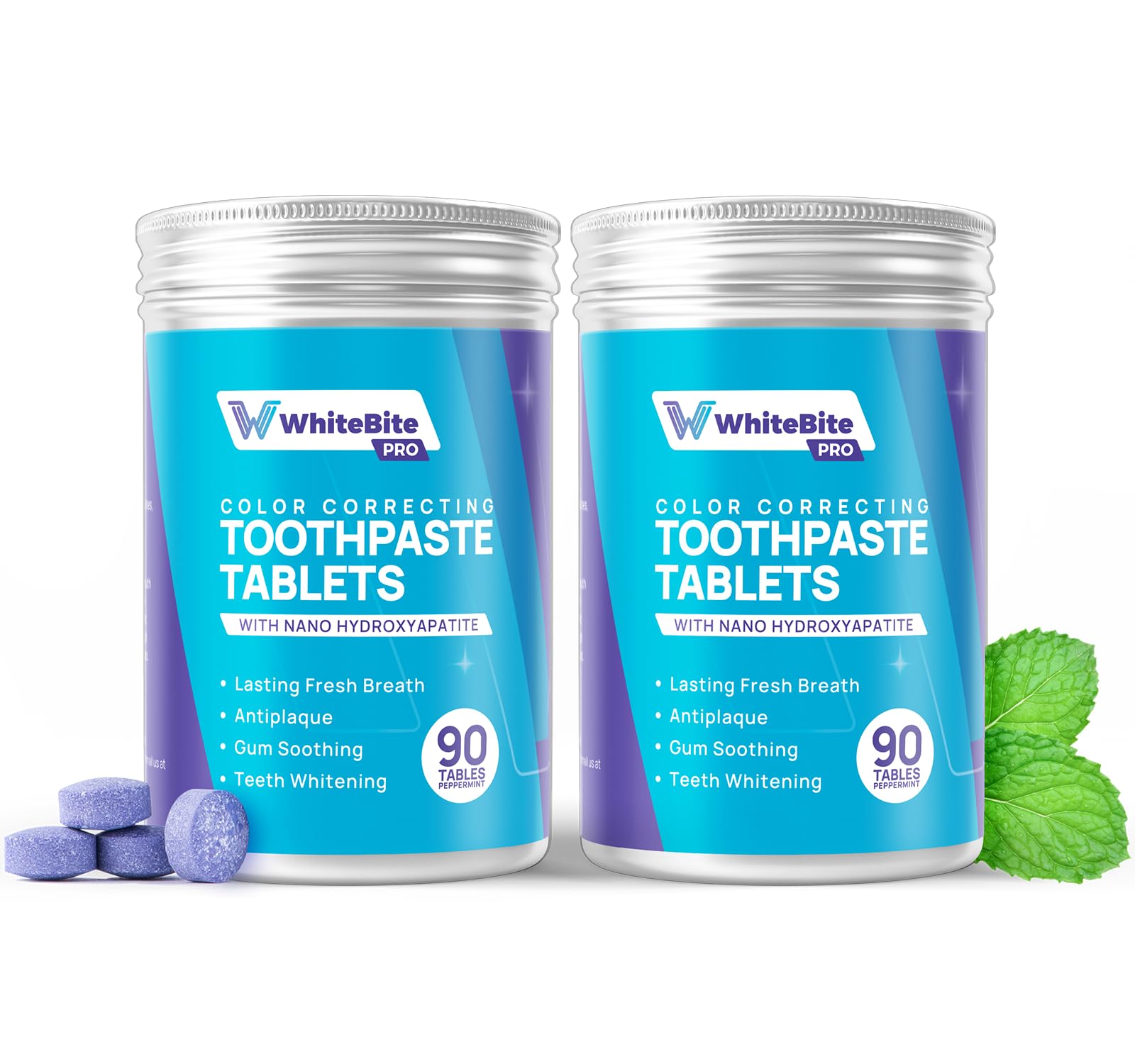 Whitebite Pro Color Correcting Toothpaste Tablets with Nano Hydroxyapatite | Fresh Breath & Natural Whitening | Travel-Friendly Toothpaste & Mouthwash | Fluoride and Plastic-Free (Peppermint, 2PK)