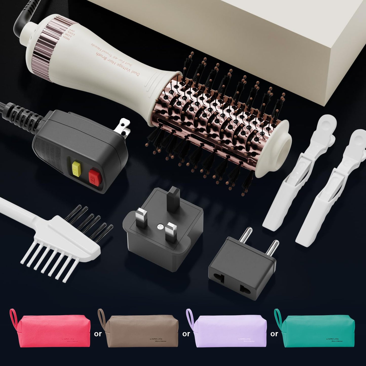 Travel Dual Voltage Hair Dryer Brush 4-IN-1 Portable Mini Hot Air Blow Dryer Straightener & Curler Brush, Titanium Round Blowout Styler Volumizer Tools, 110/240V US/EU/UK Plug for International Travel