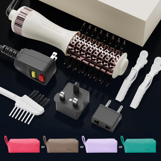 Travel Dual Voltage Hair Dryer Brush 4-IN-1 Portable Mini Hot Air Blow Dryer Straightener & Curler Brush, Titanium Round Blowout Styler Volumizer Tools, 110/240V US/EU/UK Plug for International Travel