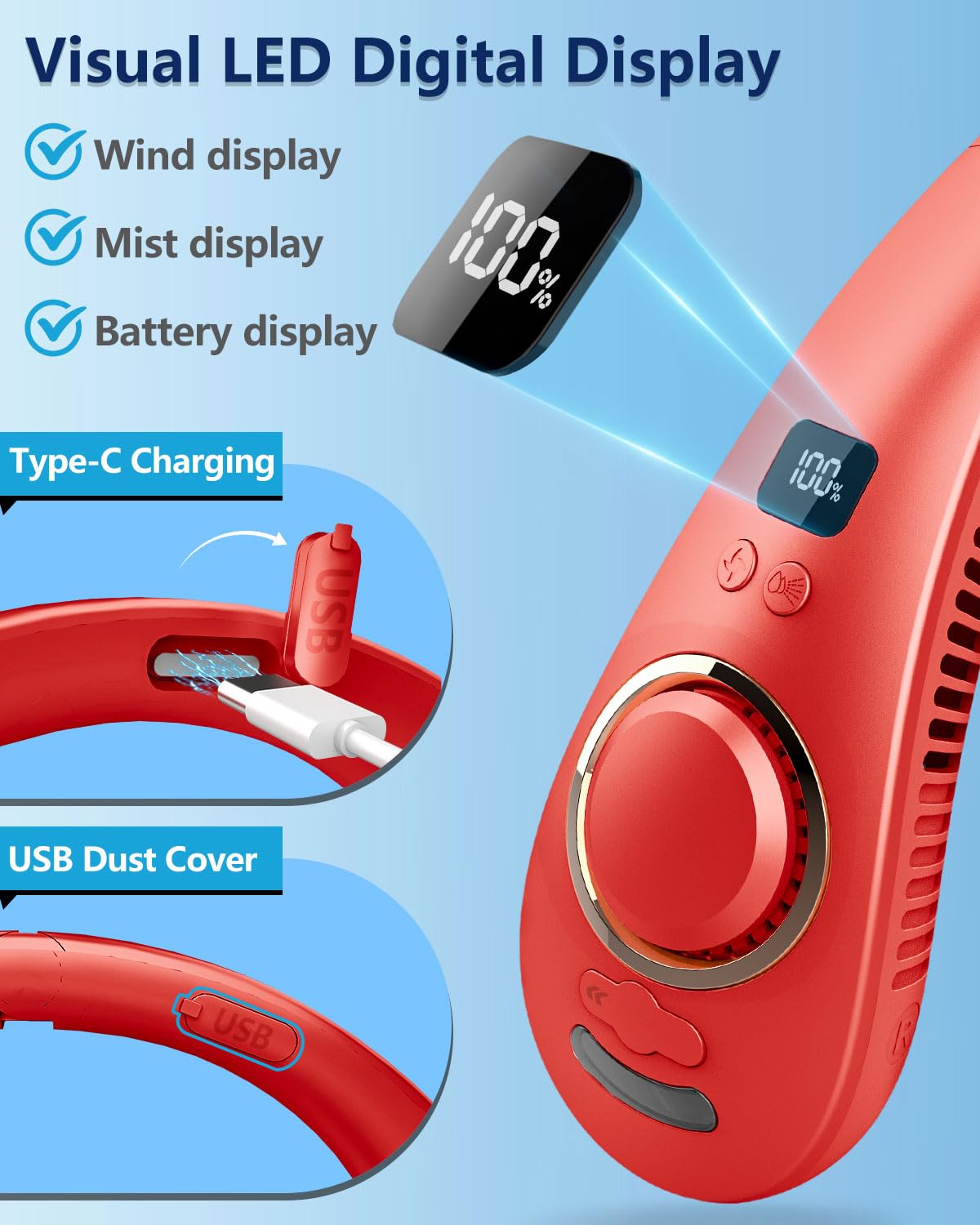 Portable Neck Fan with Mister,Hands Free Bladeless Neck Fan with LED Display&4 Fan Speeds, Neck AC Fan with Water Mist,Foldaway Face Fan with Mist Birthday Gifts for Women Men Adult Girl Boy Teen Red