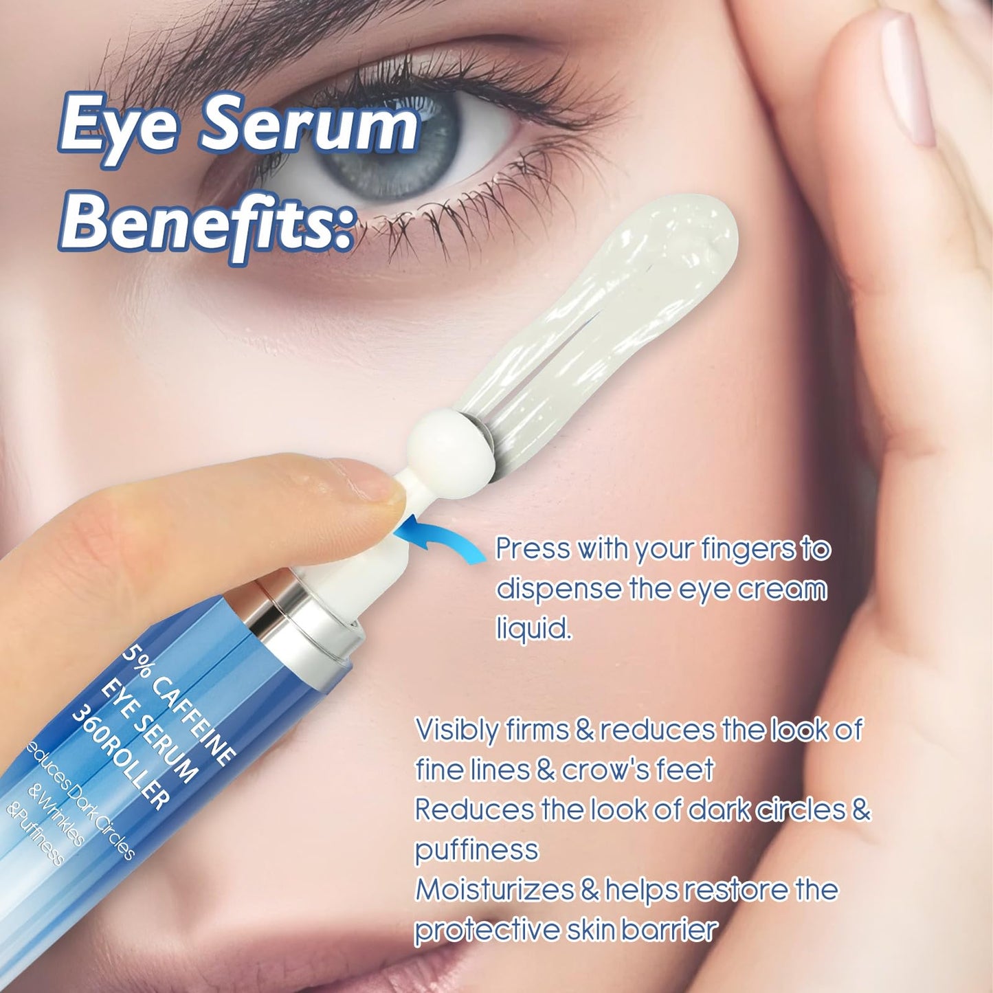 Caffeine & Retinol Eye Cream with 360° Massage Roller – Reduces Puffiness, Bags & Dark Circles – Peptides, Green Tea & Hyaluronic Acid – 15ml