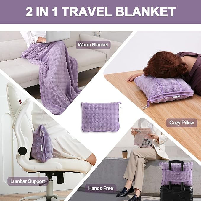 SOCHOW Travel Blanket for Airplane Train and Car, Soft Travel Blanket or Pillow 2 in 1 Compact with Portable Bag Pillowcase, Flight Blanket with Luggage Sleeve and Backpack Clip, Dusty Purple
