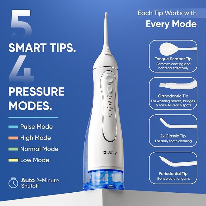 JETLY Water Dental Flosser Teeth Pick Cleaner: Travel Cordless Oral Irrigator 300ML Capacity Portable Rechargeable IPX7 Waterproof Electric Flossing Machine for Teeth Cleaning (White)