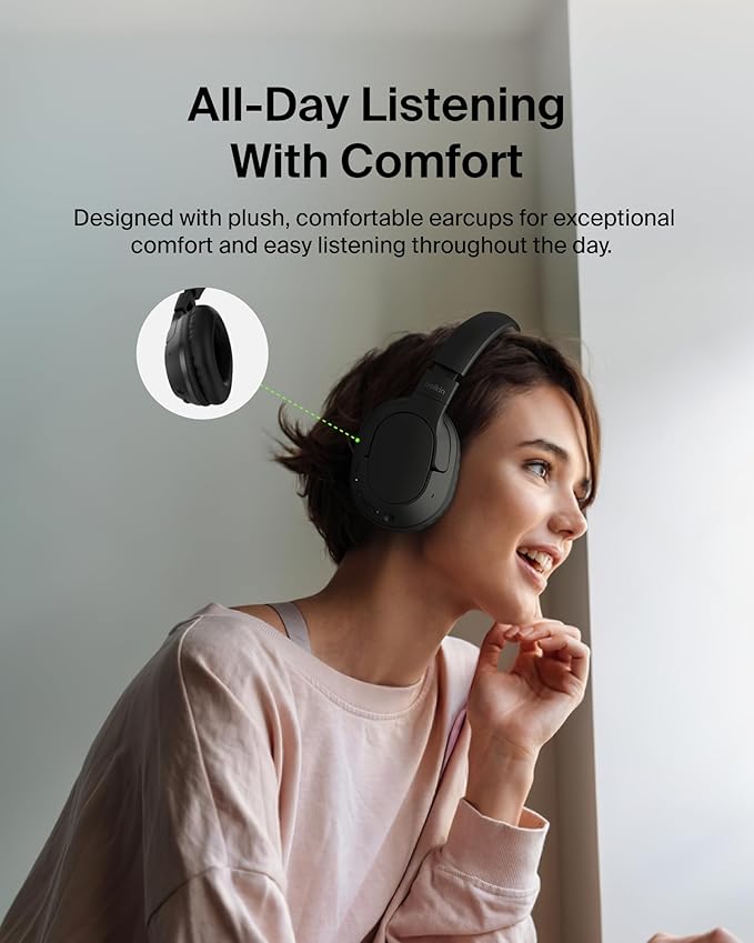 Belkin SoundForm Surround Bluetooth Over-Ear Headphones - Environmental Noise Cancelling Headphones - Wireless w/ 60H Playtime & Soft Ear Cups for iPhone, Galaxy, iPad, Travel, Home, or Office - Black