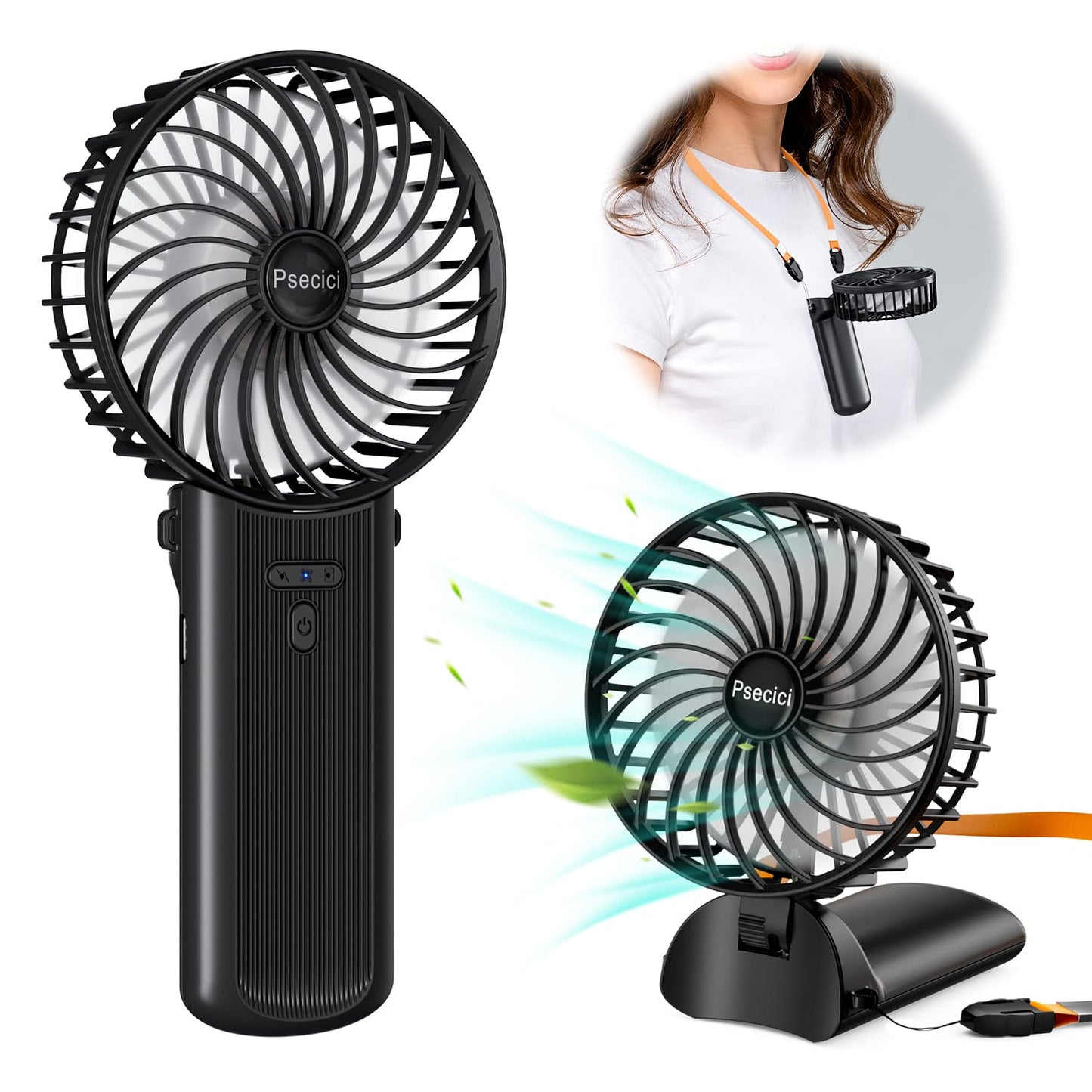 Psecici Handheld Fan, Mini Portable Personal Fan with lanyard, 4 Speeds Level 180° Foldable Design for Desk/Travel/Office/Outdoor