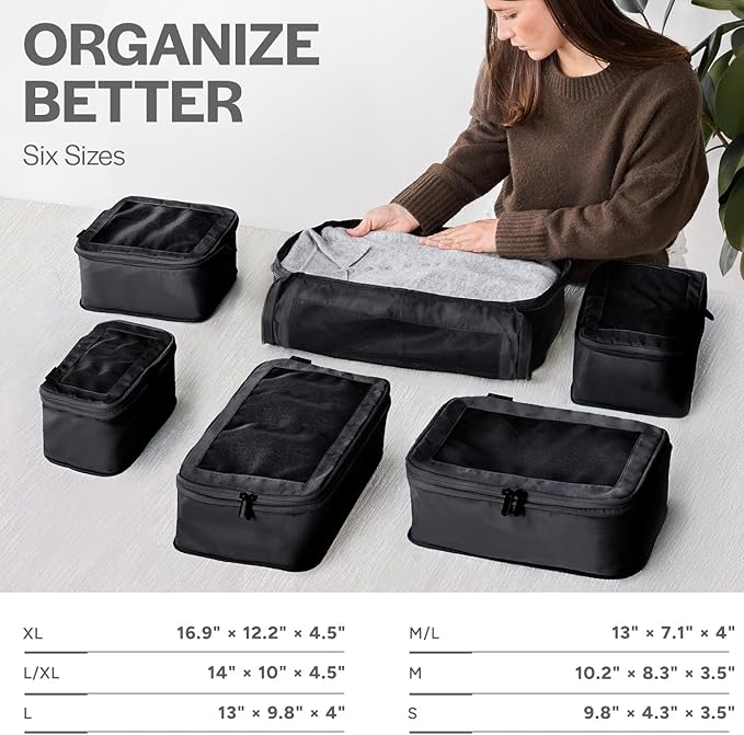 Compression Packing Cubes for Travel - Luggage Organizer Bags - Double Zipper Packing Cubes for Suitcases (6-Pack, Black)