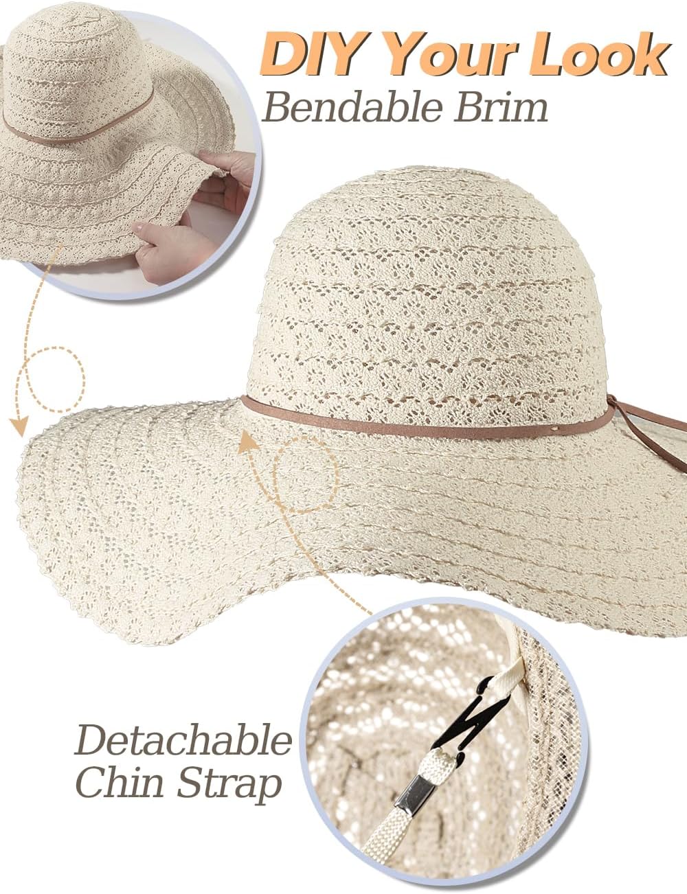 Sun Hat Womens, Beach Wide Brim Hats for Women, Summer Floppy Packable Lace Sun Beach Sunhat Women Foldable Beige