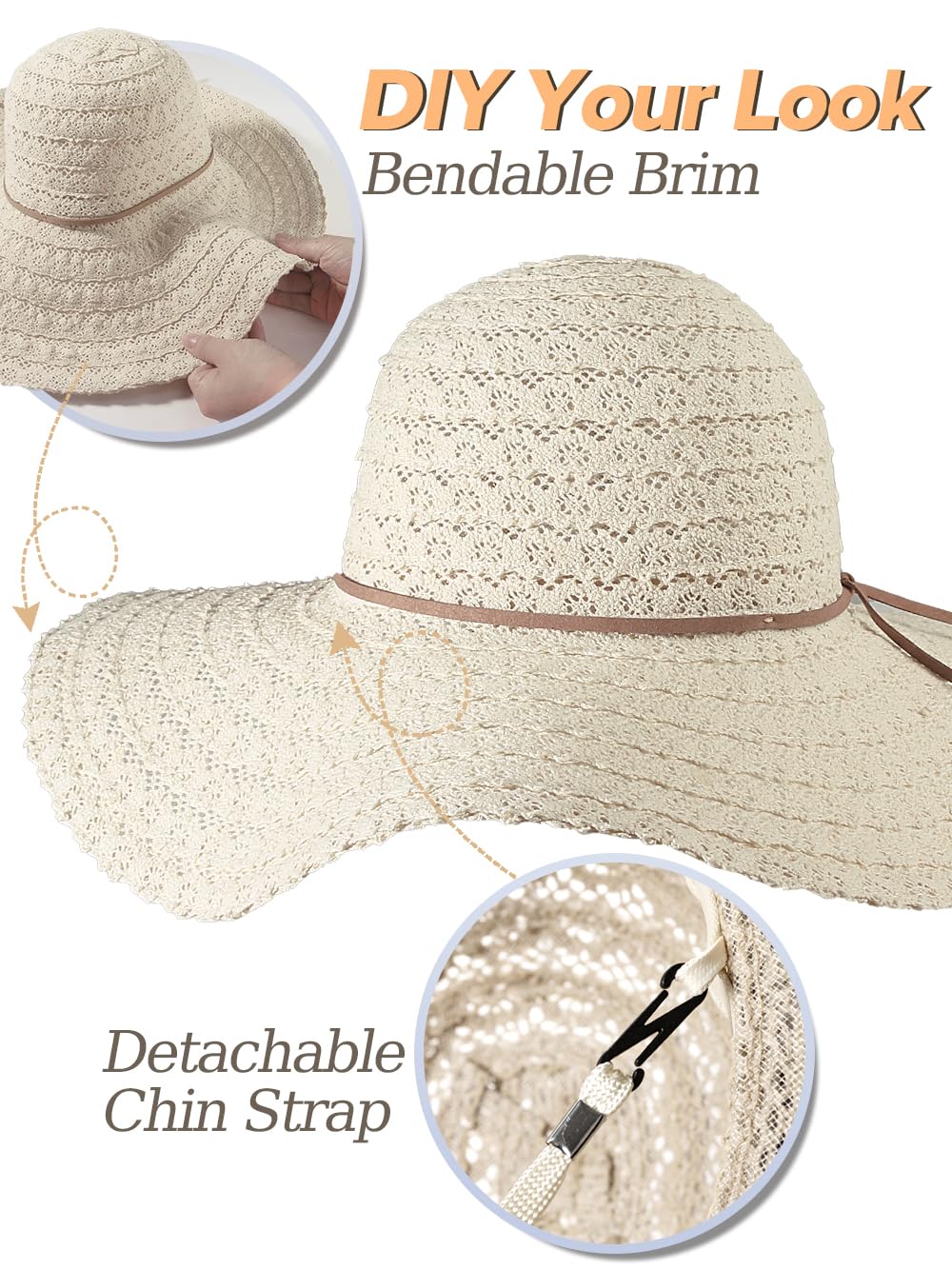 Sun Hat Womens, Beach Wide Brim Hats for Women, Summer Floppy Packable Lace Sun Beach Sunhat Women Foldable Beige
