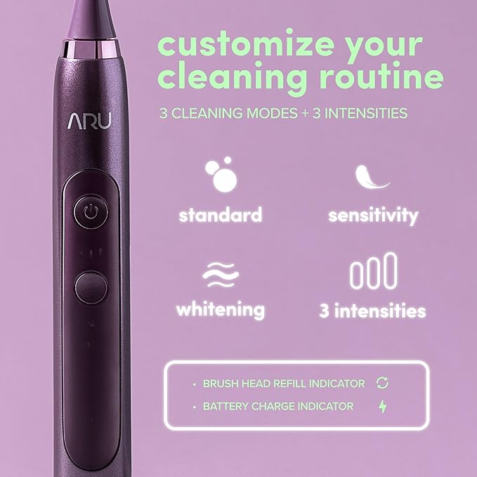 ARU Sonic Toothbrush Starter Kit with Customizable Modes and 2 Minute Timer, ADA-Approved Electric Toothbrush for Adults, Soft Toothbrush for Gums, 45+ Days Battery, Travel Case, Amethyst Purple