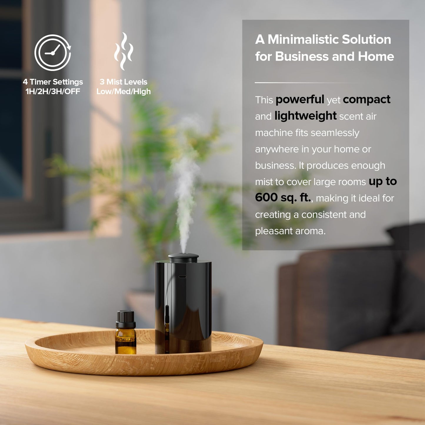 Waterless Essential Oil Diffuser for Home Aromatherapy Car Nebulizing Diffuser Battery Operated 5-20mL Mini Scent Air Machine Up to 600 Sq.Ft. 4 Countdown Timers 3 Mist-Level (AN7 Black)