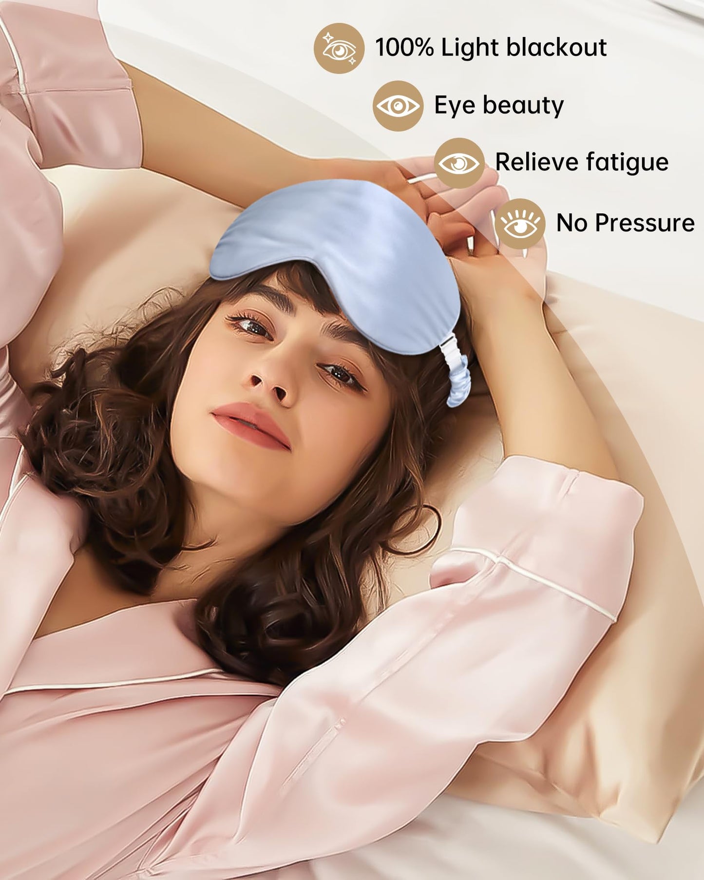 100% Mulberry Silk Bonnet for Sleeping Women Silk Hair Bonnet Elastic Tie Band with Silk Hair Scrunchies Silk Sleep Eye Mask(Mist Blue+Sky Blue)