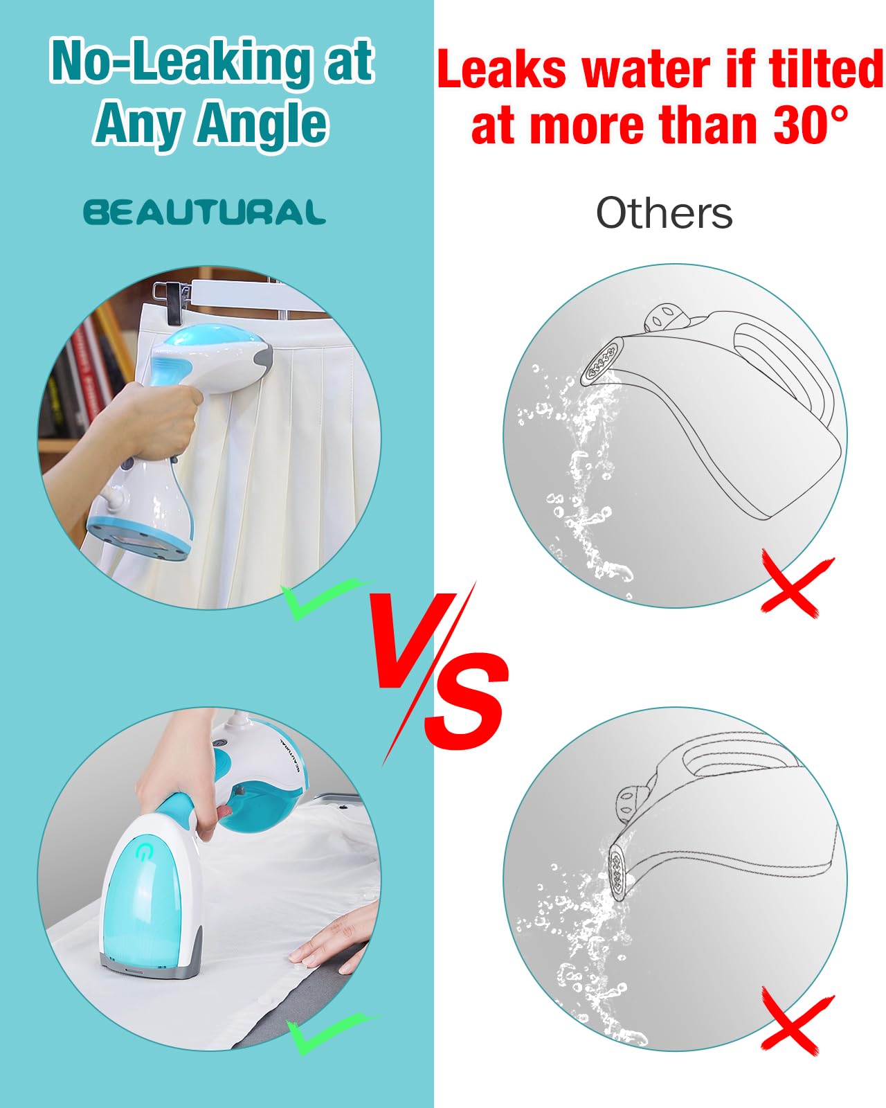 BEAUTURAL Steamer for Clothes, Portable Handheld Garment Fabric Wrinkles Remover, 30-Second Fast Heat-up, Auto-Off, Large Detachable Water Tank
