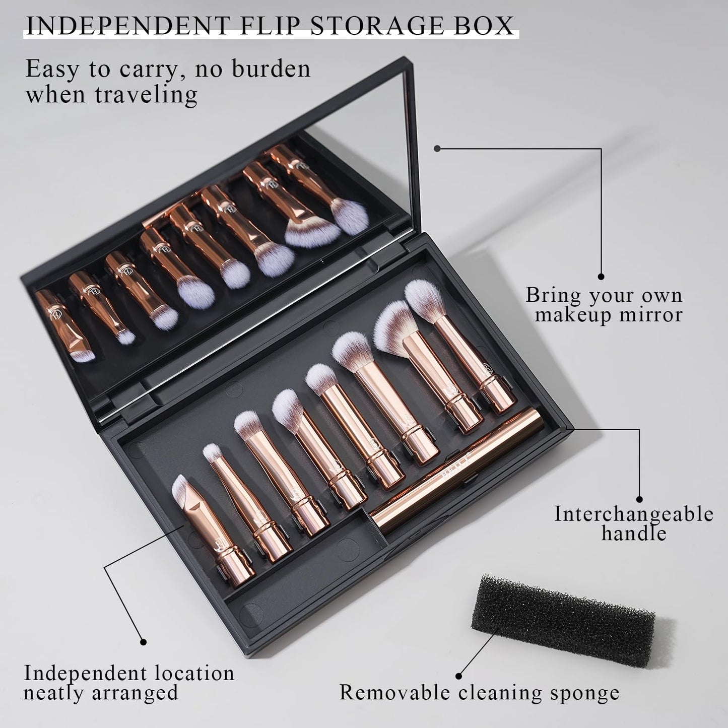 BEILI Travel Eye Makeup Brushes Set 8pcs Removable Double Sided Makeup Brush with Mirror Box & Removal Cleaner Sponge (Rose Gold)