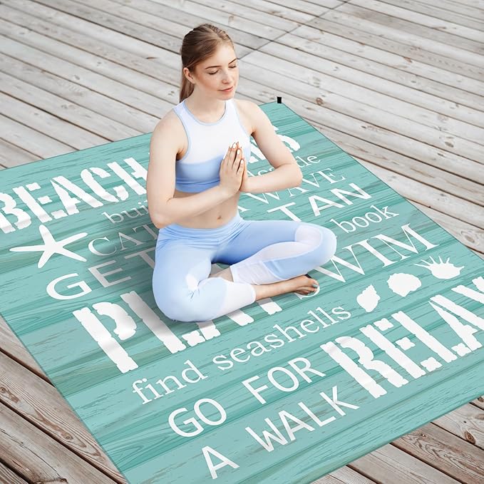 Beach Rules Pocket Picnic Blankets, Blue Seashell Coastal Mini Beach Camping Blanket Waterproof Sandproof, Rustic Sea RV Outdoor Picnic Blanket Mat Gifts for Camper Campsite Travel 55x60in