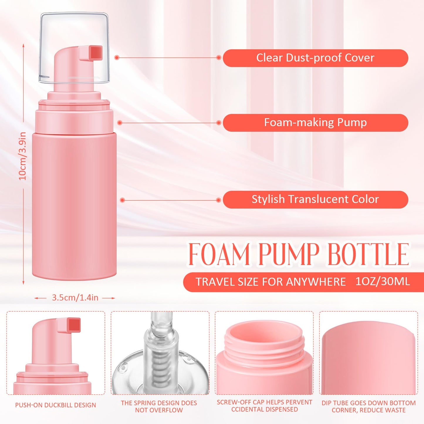Teenyyou 50pcs Foam Pump Bottles 1oz/30ml Plastic Mini Empty Dispenser DIY Travel Face Cleanser Mousse Soap Foam Bottle Refillable Hand Soap Eyelash Shampoo Cosmetics Portable Travel Pack(Pink)