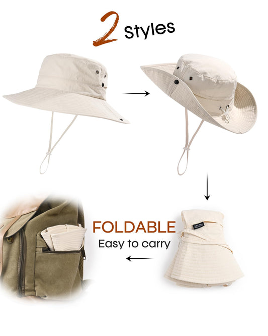 FURTALK Sun Hats for Women with Ponytail Hole Wide Brim Beach Bucket Hat UPF 50+ Fishing Hiking Outdoor Hats Beige