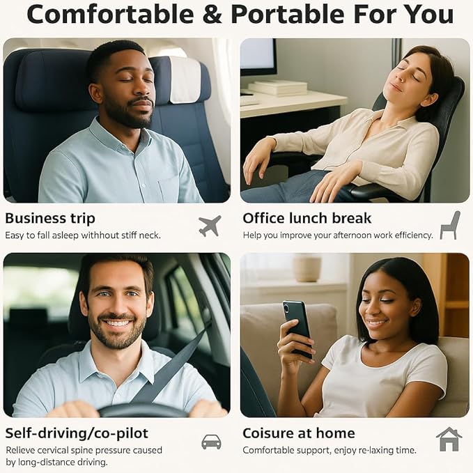 Travel Pillow, Travel Pillows for Airplanes, 100% Pure Memory Foam Travel Neck Pillow with Eye Mask & Ear Plugs, Comfort and Ergonomic Design, Ideal for Airplanes, Cars and Offices