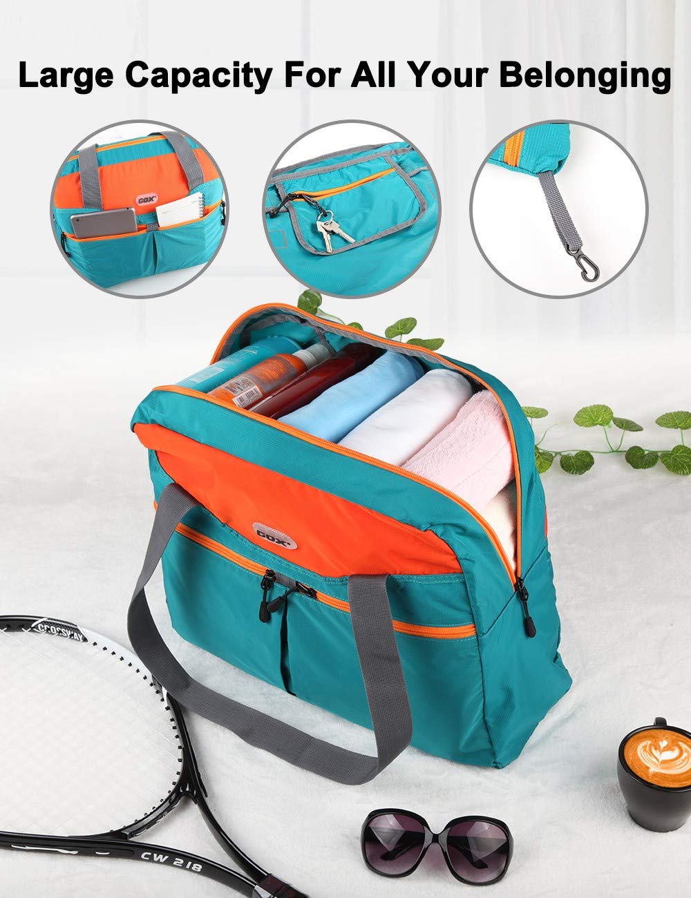 GOX Foldable Bags for Travel Duffel Bag Packable Tote Bag Carry on Luggage Weekender Overnight Bag for Women (Turquoise)