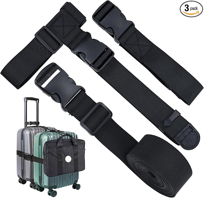 Add a Bag Luggage Strap - Heavy Duty Adjustable Suitcase Belt - Travel Accessory for 3 pcs Luggage Connecting - 3 Pack (Black)