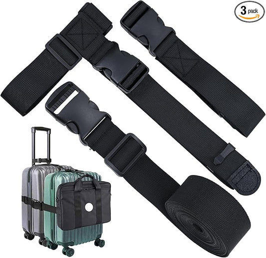 Add a Bag Luggage Strap - Heavy Duty Adjustable Suitcase Belt - Travel Accessory for 3 pcs Luggage Connecting - 3 Pack (Black)