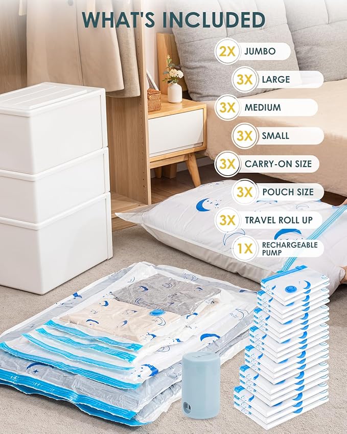 Vacuum Storage Bags with Electric Pump, 20 Pack Vacuum Sealed Bag with 1500mAh Rechargeable Battery for Clothes, Blanket, Duvets, Pillows, Comforters, Travel