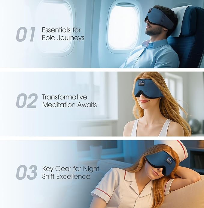 ZUMUSEN Bluetooth Sleep Headphones, 3D Wireless Music Eye Mask with Ultra-Thin Stereo Speakers, Adjustable Sleep Mask for Side Sleepers, Perfect for Travel, Meditation, Relaxation