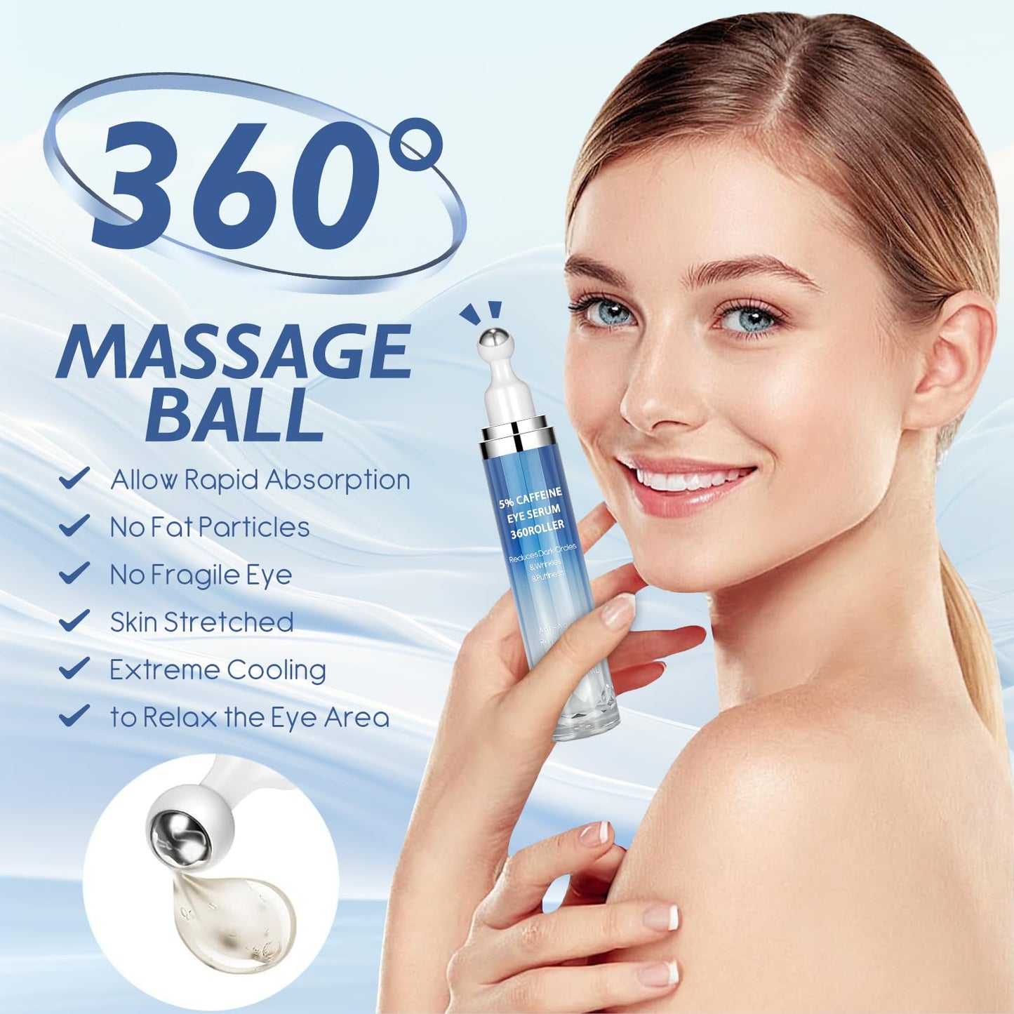 Caffeine & Retinol Eye Cream with 360° Massage Roller – Reduces Puffiness, Bags & Dark Circles – Peptides, Green Tea & Hyaluronic Acid – 15ml