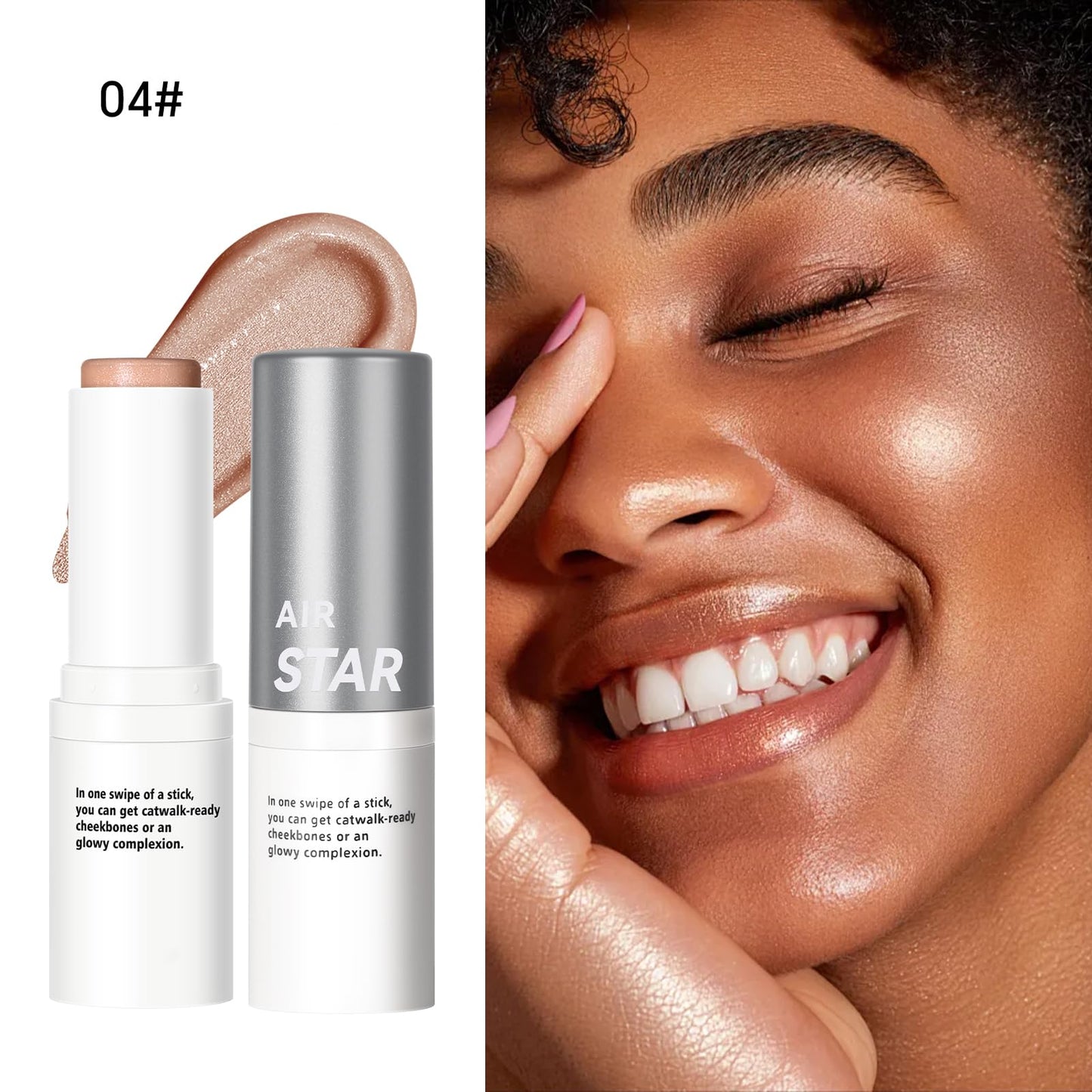 SIYDYRIT Natural Dewy Glow Highlighter Stick, Glassy Highlighter Balm with Sponge Tip, Multi-Use Shimmer Glow Makeup for Face and Body, Makeup Balm for Dewy Skin-#04 Sun Glow (1pack)