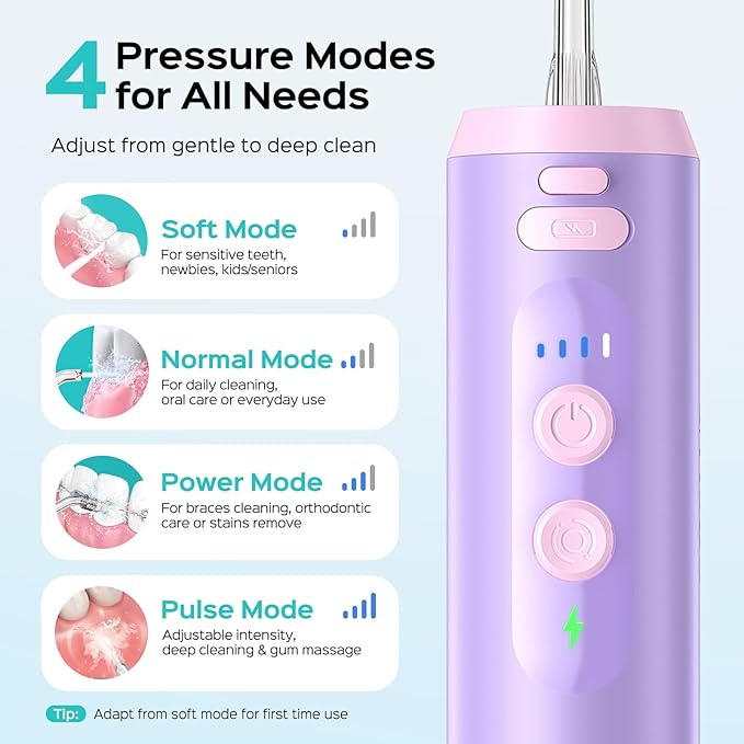 COSLUS Mini Water Flosser for Travel: Portable Compact Design, Cordless Oral Irrigator with 4 Jet Tips, Removable Tank & IPX7 Waterproof for Braces, Sensitive Teeth & On-The-Go Use, Pink Purple, T40